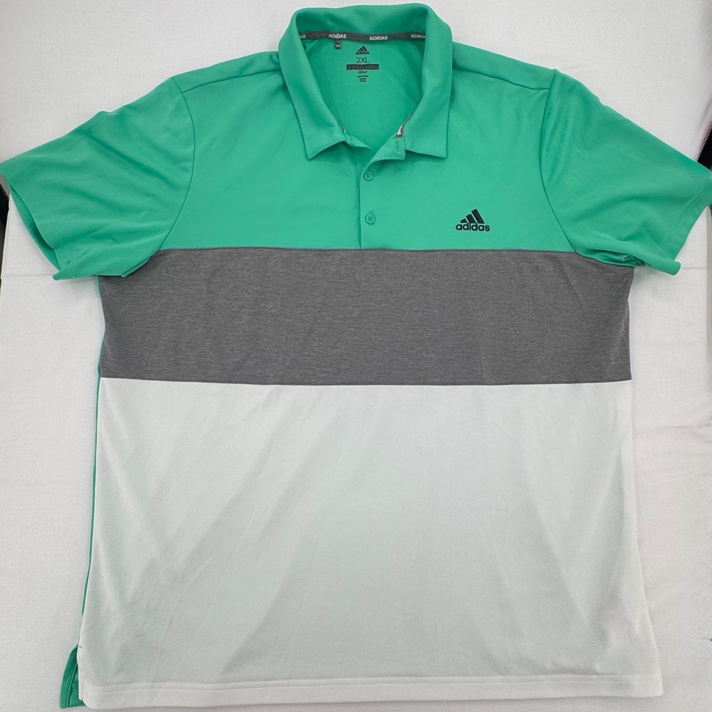 Adidas Golf Mens Size 2XL Polo Shirt Green Grey White Colorblock Short Sleeve